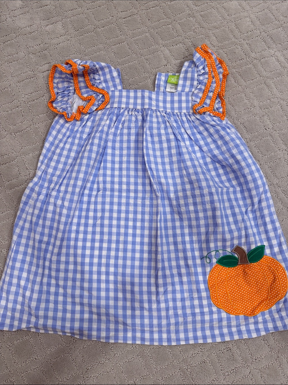 Blue Gingham Pumpkin Appliqué Kids Dress - (Brand: Classic Whimsy)